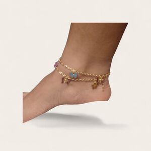 Women's Unbranded Gold Multicolor Butterfly Charm Double Layer Anklet